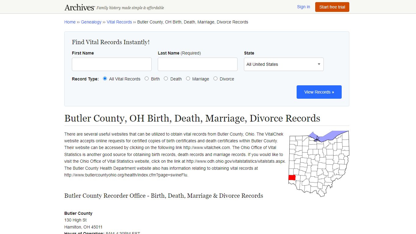 Butler County, OH Birth, Death, Marriage, Divorce Records - Archives.com